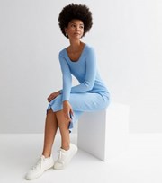 New Look Pale Blue Ribbed Knit Crew Neck Long Sleeve Midi Bodycon Dress